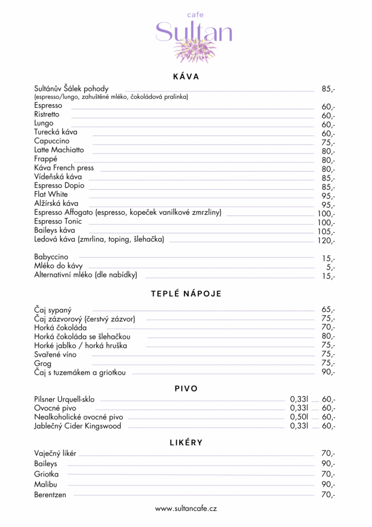 sultan cafe nápojové menu
